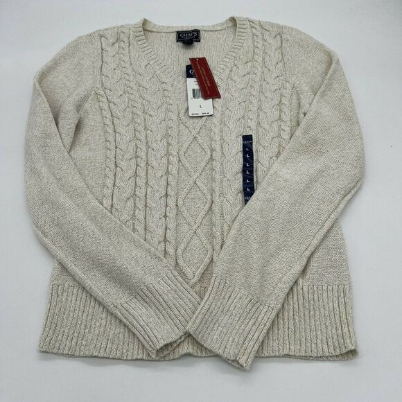 Chaps Luxury Women’s Cream Metallic Cable Knit Sweater NWT Large FLAW - Picture 1 of 5